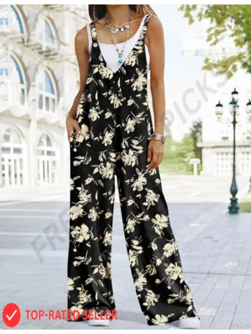 Women's Casual Wide Leg Jumpsuit Summer Boho Sleeveless V Neck with Pockets